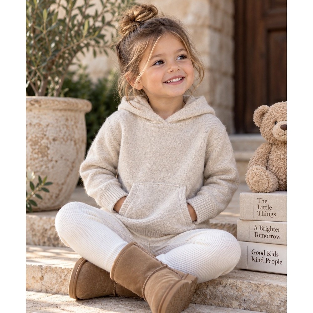 Jenni Kayne Kids 100% Cashmere Hooded Sweater Beige Size 2-3 Kangaroo Pocket